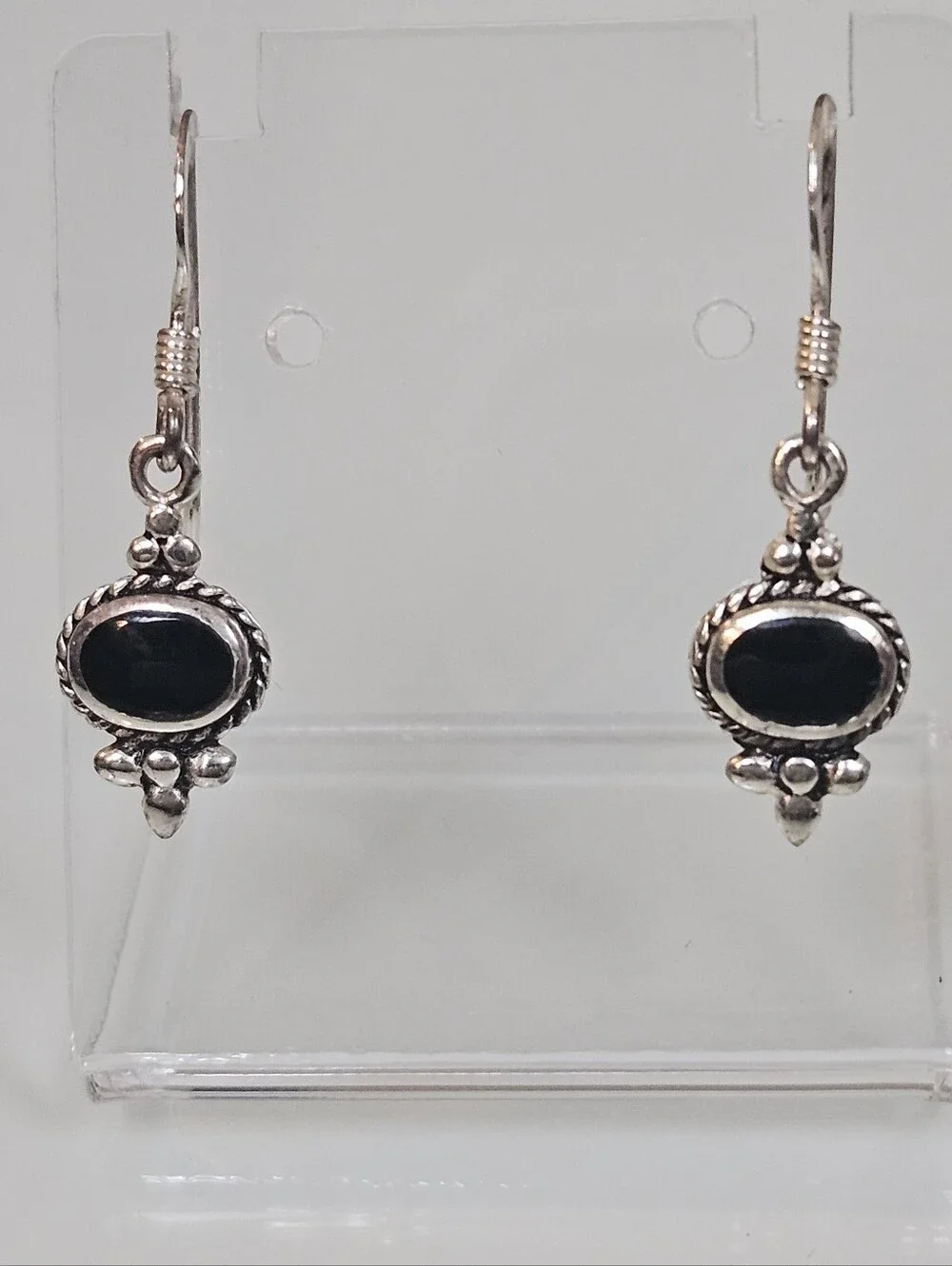 Black Onyx 925 Rope Detail Sterling Silver Small Dainty Dangle Earrings